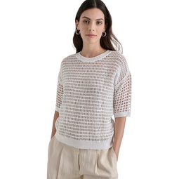 Womens Round-Neck Short-Sleeve Open-Crochet Sweater