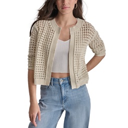 Womens Open-Stitch Drop-Shoulder Cardigan Sweater
