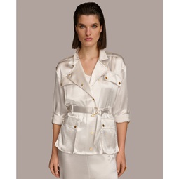 Womens Satin Roll-Tab Belted Jacket