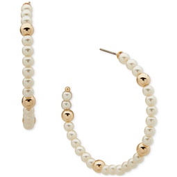 Gold-Tone Medium Bead & Imitation Pearl C-Hoop Earrings 1.57