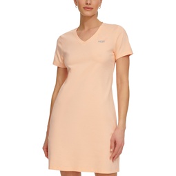 Womens Metallic-Logo V-Neck Short-Sleeve Dress