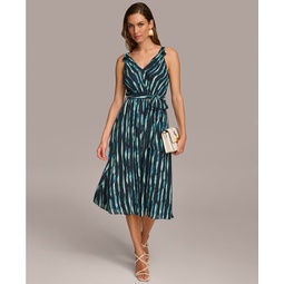 Womens Printed Belted A-Line Dress