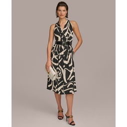 Womens Printed Belted A-Line Dress