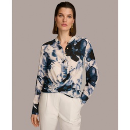 Womens Printed Faux-Wrap Long-Sleeve Top