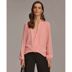 Womens Cold-Shoulder Faux-Wrap Blouse