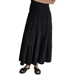 Womens Cotton Smocked-Waist Tiered Maxi Skirt