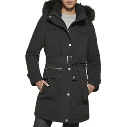 Womens DKNY Faux Fur Hood Belted Anorak