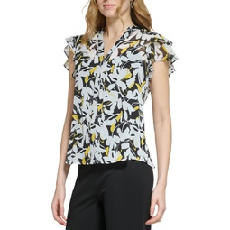 DKNY Short Sleeve Button Front Pleated Blouse