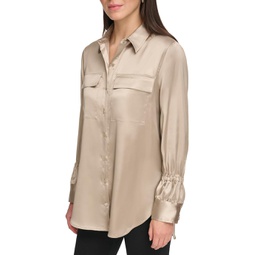 Womens DKNY Long Sleeve Two-Pocket Button Front Blouse