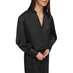 Womens DKNY Long Sleeve Collard V-Neck Satin Blouse