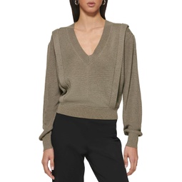 DKNY Long Sleeve V-Neck Flange Sweater