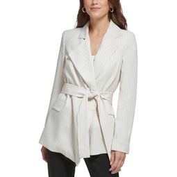 Womens DKNY Long Sleeve Pinstripe Belted Jacket
