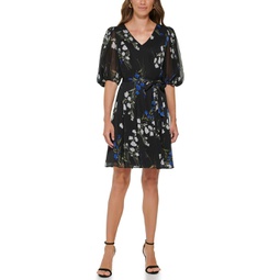 DKNY V-Neck Fit-and-Flare Dress with Balloon Sleeve