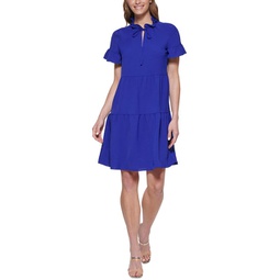 womens tiered tie-neck fit & flare dress