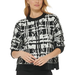 womens printed ribbed trim pullover sweater