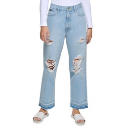 foundations womens distressed frayed hem straight leg jeans
