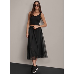 LOGO WAIST BAND TIERED MESH SKIRT