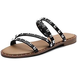 DREAM PAIRS Womens Clear Studded Rhinestone Slide Sandals Slip on Open Toe Cute Flat Sandals for Summer