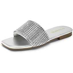 DREAM PAIRS Womens Cute Square Toe Summer Slip on Slides, Rhinestone Open Toe 원피스Y Flat Sandals