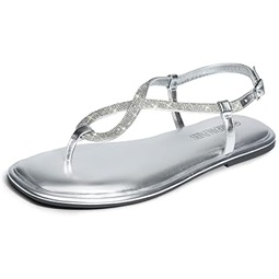 DREAM PAIRS Womens Flat Sandals Fashion Rhinestone Flat Sandals with Ankle Strap for Summers Dress Casual