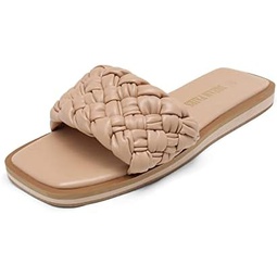 DREAM PAIRS Womens Square Open Toe Slide Sandals Cute Slip on Braided Strap Rhinestone Flat Sandals for Summer