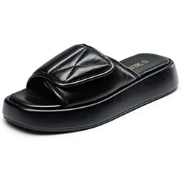 DREAM PAIRS Womens Cushion Summer Slip-on Slides, Comfort Square Toe Platform Slipper Sandals with Puffy Adjustable Strap