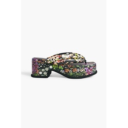 Floral-print leather platform sandals