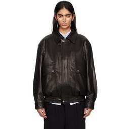 Black Oversized Leather Jacket 241965F064003