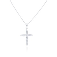18 kt white gold, 1.5 diamond rounded off cross pendant adorned with 0.60 cts tw of round diamonds set in a filigree setting