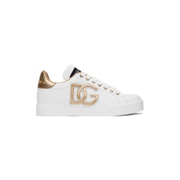 White   Gold Calfskin Portofino DG Logo Sneakers 241003F128004