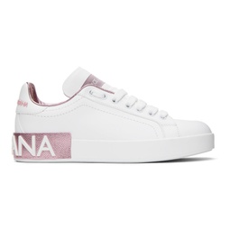 White & Pink Calfskin Nappa Portofino Sneakers 241003F128001