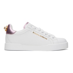 White & Pink Nappa Calfskin Portofino Lettering Sneakers 241003F128010