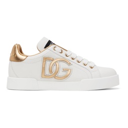 White & Gold Portofino Low Sneakers 232003F128010