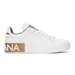 White & Gold Calfskin Portofino Sneakers 241003F128000