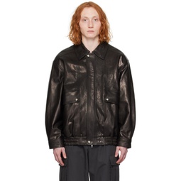 Black Oversized Vintage Leather Jacket 241965M181004