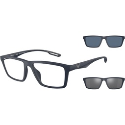 Emporio Armani Mens EA4189U Universal Fit Prescription Eyewear Frames with Two Interchangeable Sun Clip-Ons Rectangular, Matte Blue/Clear/Dark Blue/Dark Grey Mirrored, 55 mm
