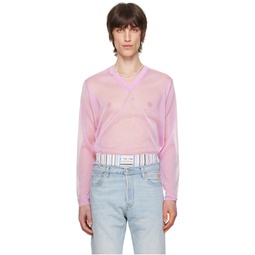 Pink V Neck Long Sleeve T Shirt 241260M206001