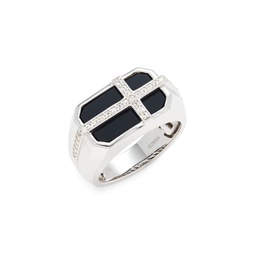 Sterling Silver, Sapphire & Onyx Cross Ring