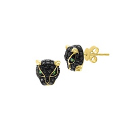 14K Yellow Gold, Black Diamond & Tsavorite Panther Stud Earrings