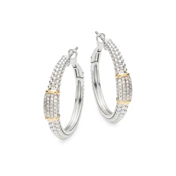 Sterling Silver, 18K Yellow Gold & Diamond Hoop Earrings