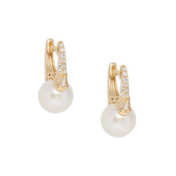 14K Yellow Gold, 9MM Round Freshwater Pearl & Diamond Huggie Earrings