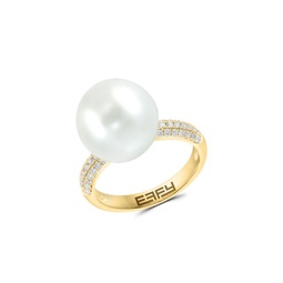 14K Yellow Gold, 12MM Round White Freshwater Pearl & Diamond Ring