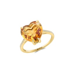 14K Yellow Gold, Diamond & Citrine Heart Ring