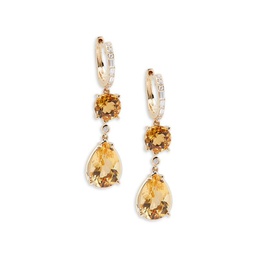 14K Yellow Gold, Citrine & Diamond Huggies Earrings