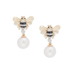 14K Yellow Gold, 9MM Freshwater Pearl, Black & White Diamond Bee Earrings