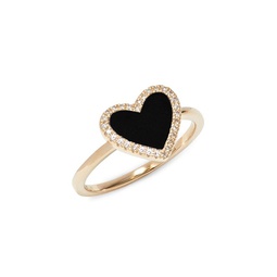 14K Yellow Gold, Onyx & Diamond Heart Ring