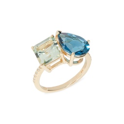 14K Yellow Gold, Blue Topaz, Green Amethyst & Diamond Ring