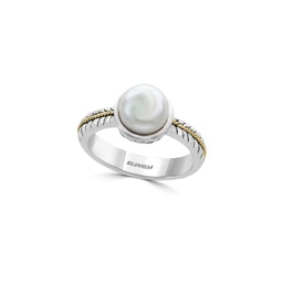 Two Tone 18K Yellow Gold, Sterling Silver & 10MM Freshwater Pearl Ring