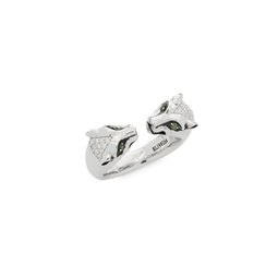 Sterling Silver, Diamond & Tsavorite Panther Wrap Ring/Size 7