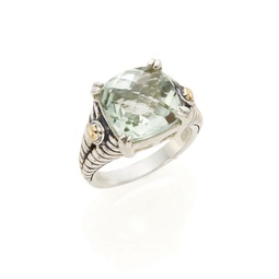 Two Tone 18K Yellow Gold, Sterling Silver & Green Amethyst Square Ring